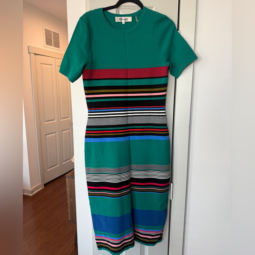Diane Von Furstenberg Teal and Multicolor Striped Midi Dress L NWOT